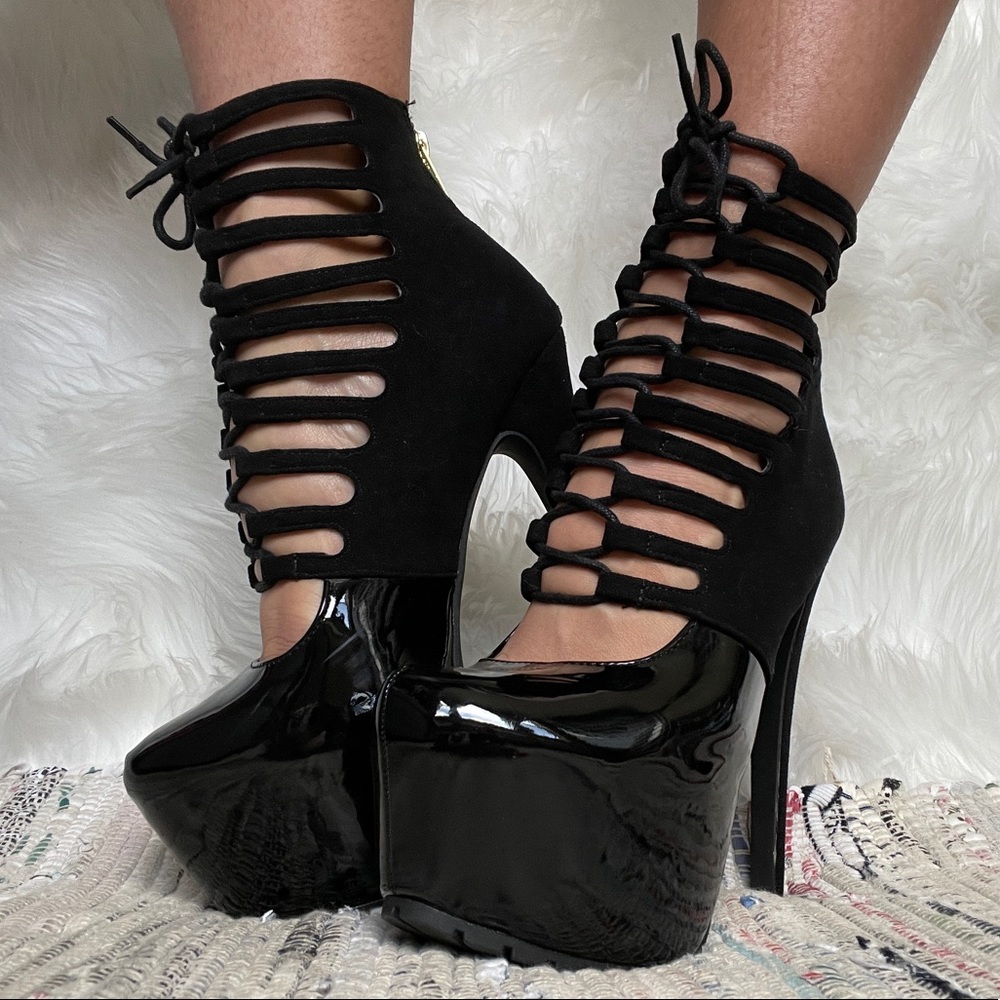 Black Platform Gold Zipper Lace Up PU Suede Heels